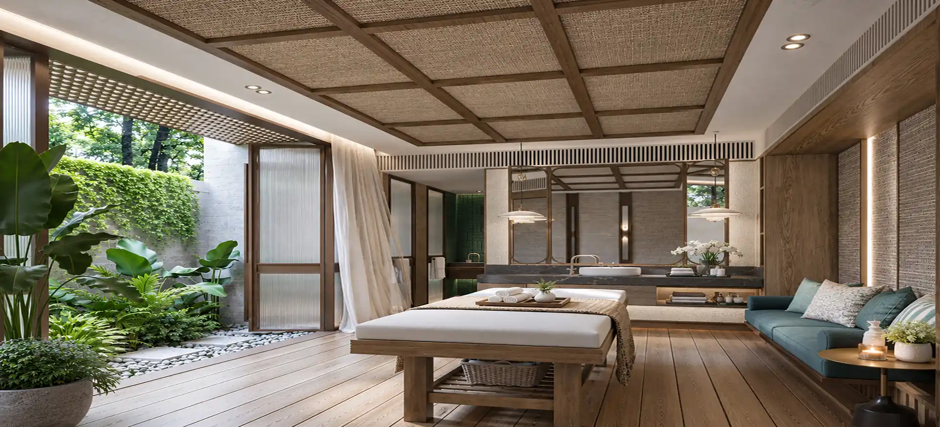 Spa floor plan and technical drawings on a table beside a site photograph.