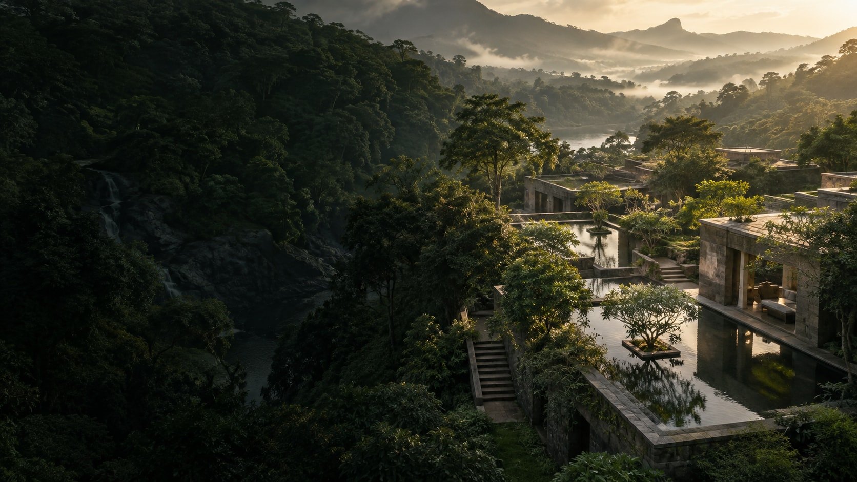 Ritayana sanctuary concept from the deck, with stone pavilions and reflecting pools in a forested mountain valley