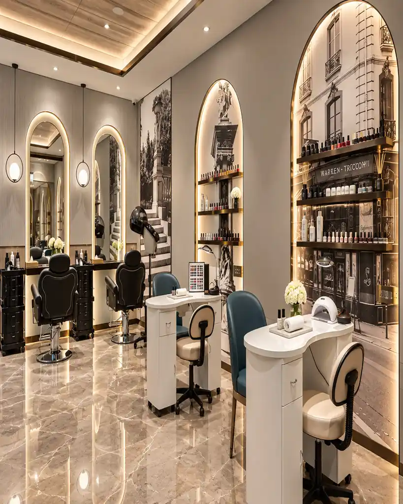 Beauty and grooming space, clean lines, soft light