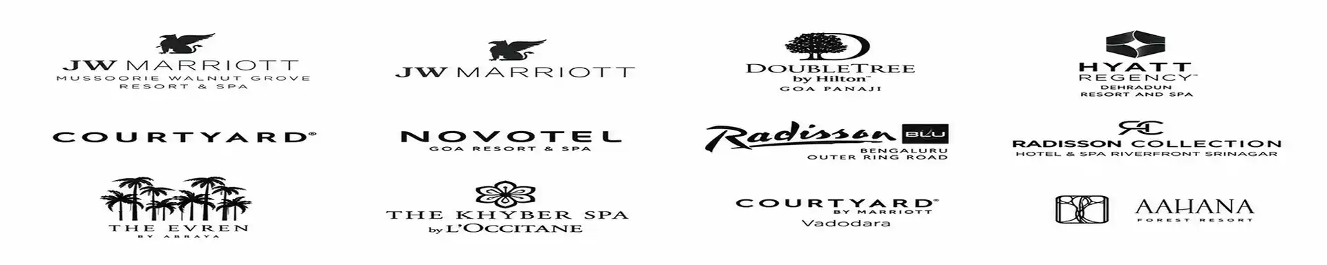 Logo wall of partner brands and award marks, black on white, evenly spaced.