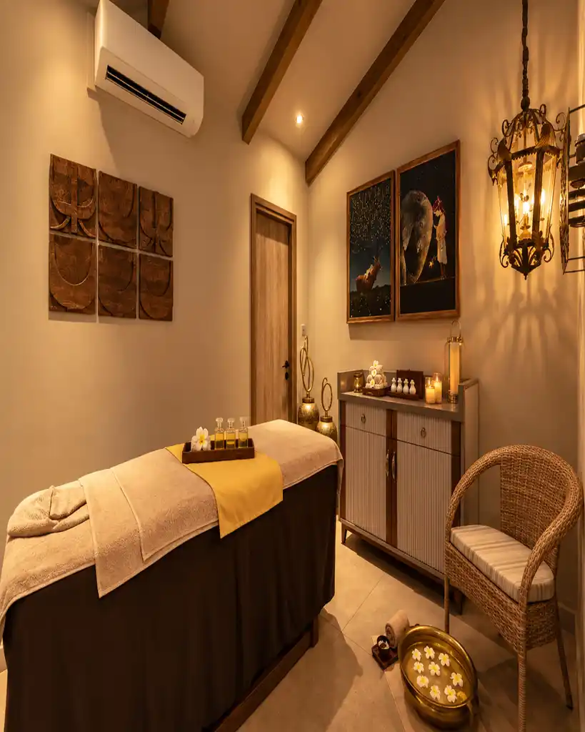 Unbranded hotel spa interior, stone and timber