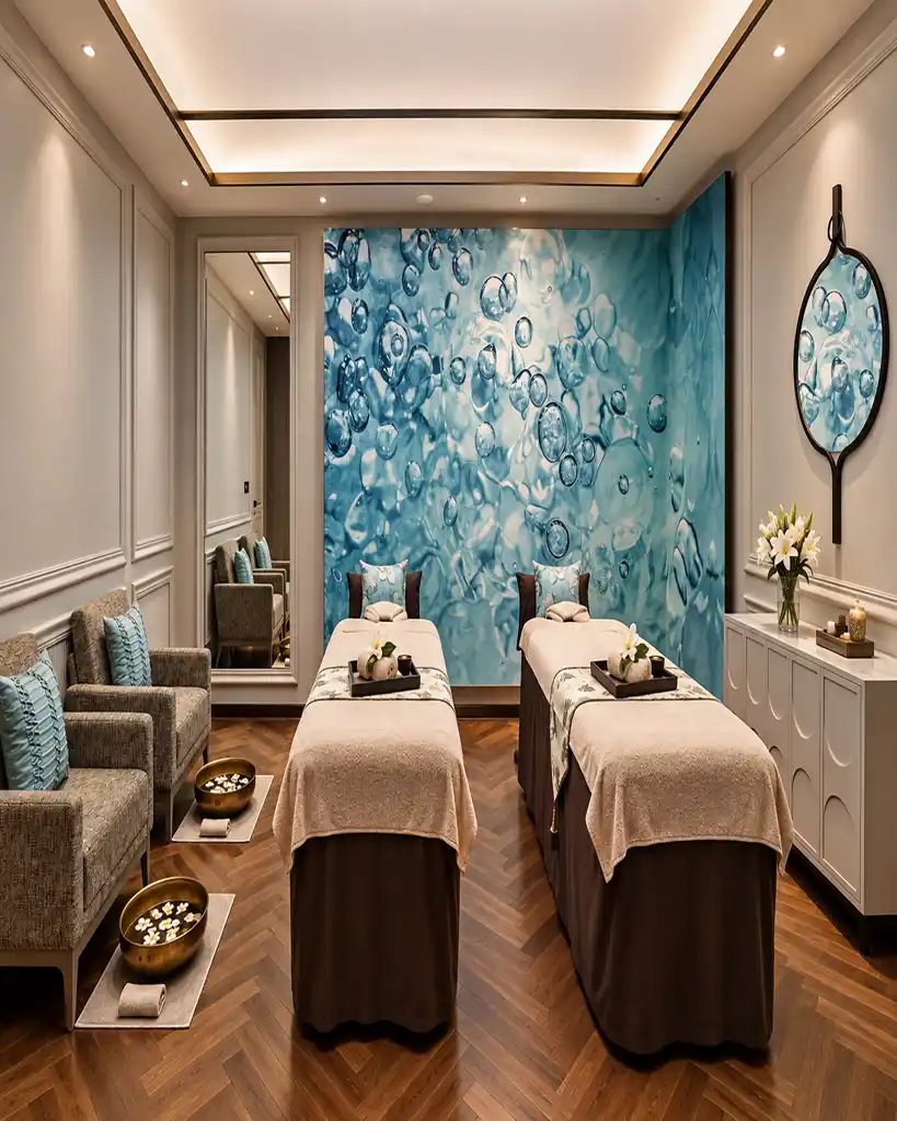 ELLE beauty and grooming space, clean lines and soft light, full-width editorial photograph.