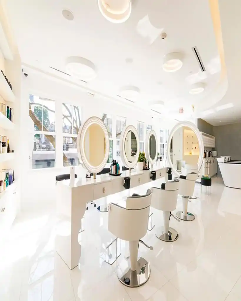Salon floor, mirrors and chairs, editorial styling